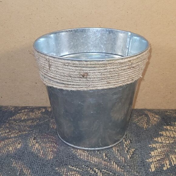 Metal Bucket Bin Garden Decor Galvanized Floral Vases with Rope Accents - Picture 1 of 7